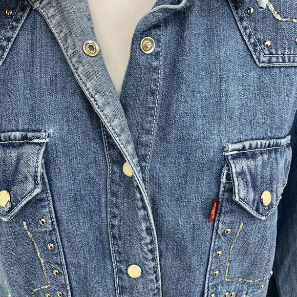 Vintage Levi's Pearl Snap Chambray Top Size M Studded Silver Streak Pockets - Picture 7 of 10